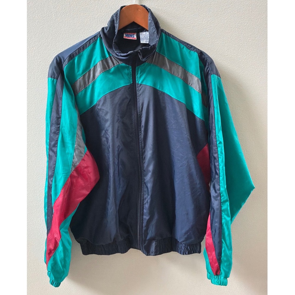 Athletic Works Mens Colorblock Windbreaker Jacket Navy Teal Red Vintage Style M